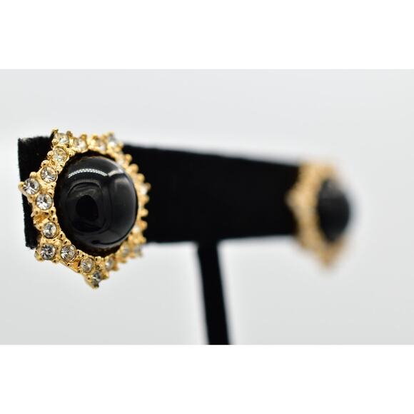 Christian Dior Vintage Black Cabochon Earrings Crystal Gold NOS Signed 80s BinQ - Picture 4 of 12